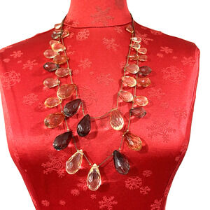 Chico’s Multistrand Chain Beaded Necklace Crystal Teardrops Peach White Gray